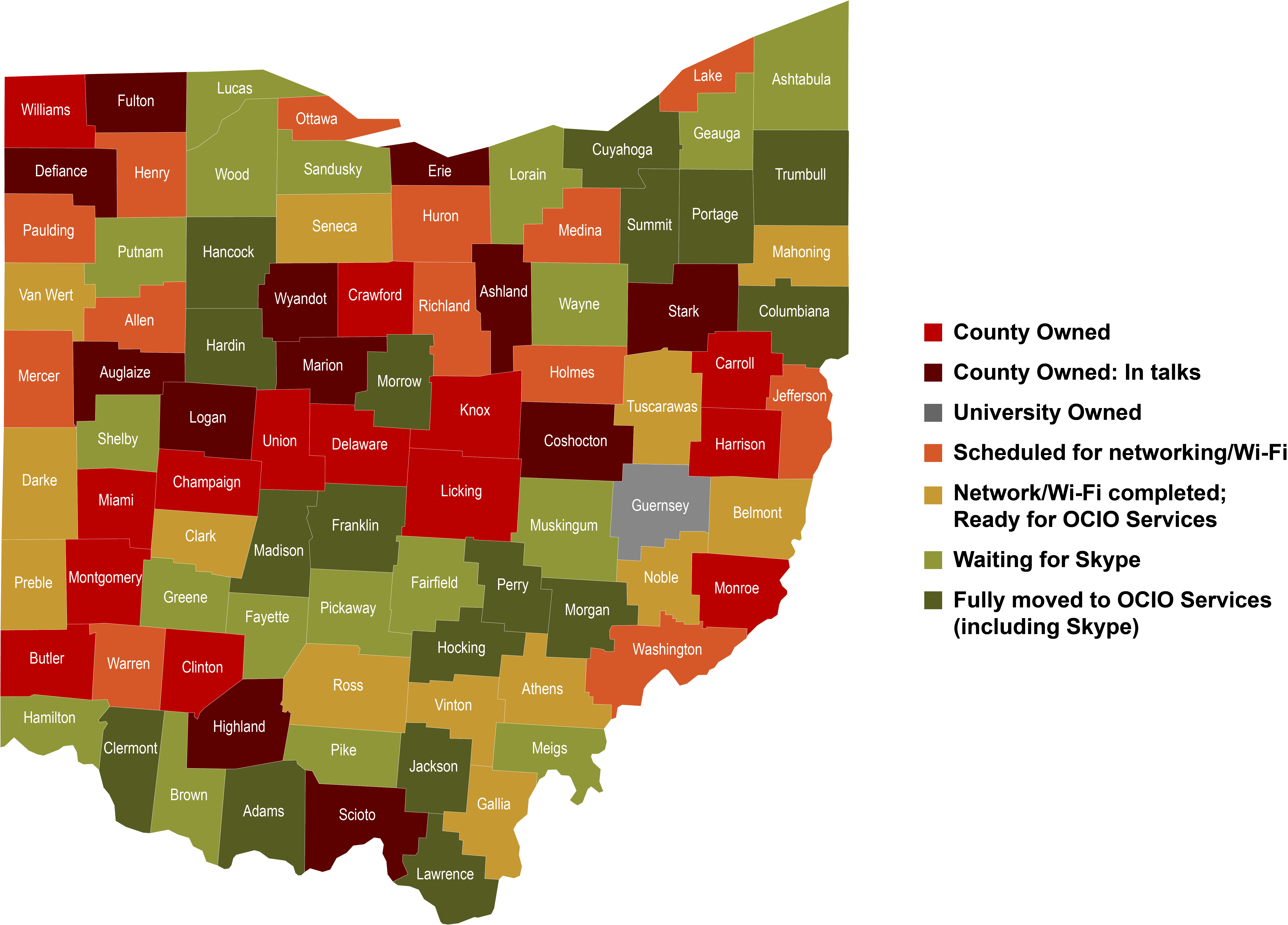 Map of Ohio showing project status in each county. See table below for data.