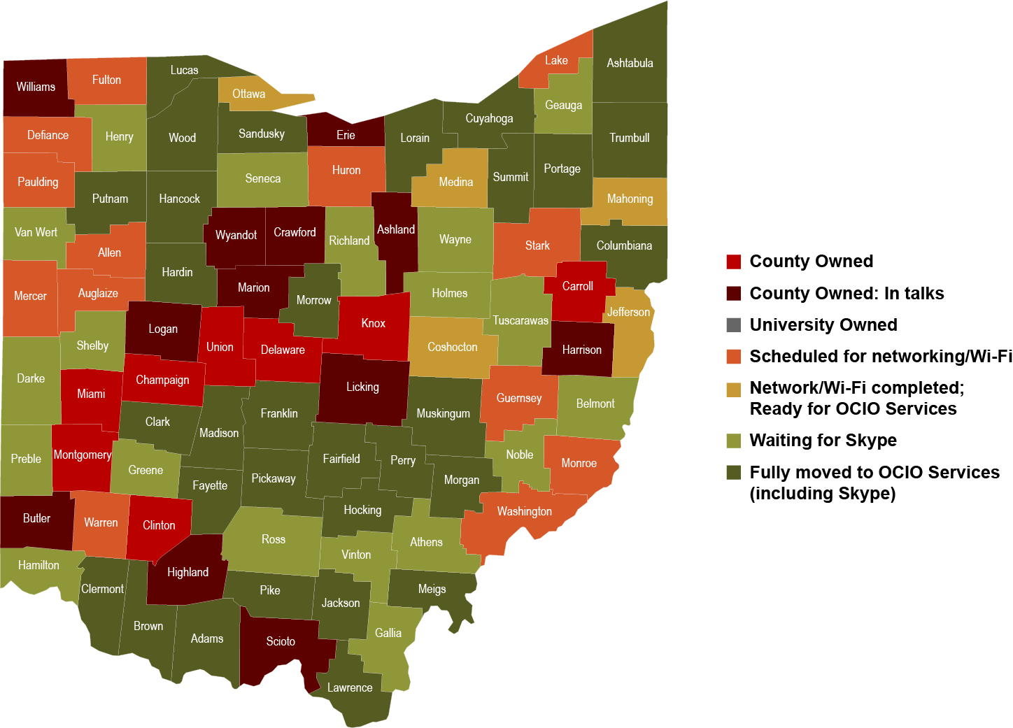 Map of Ohio showing project status in each county.