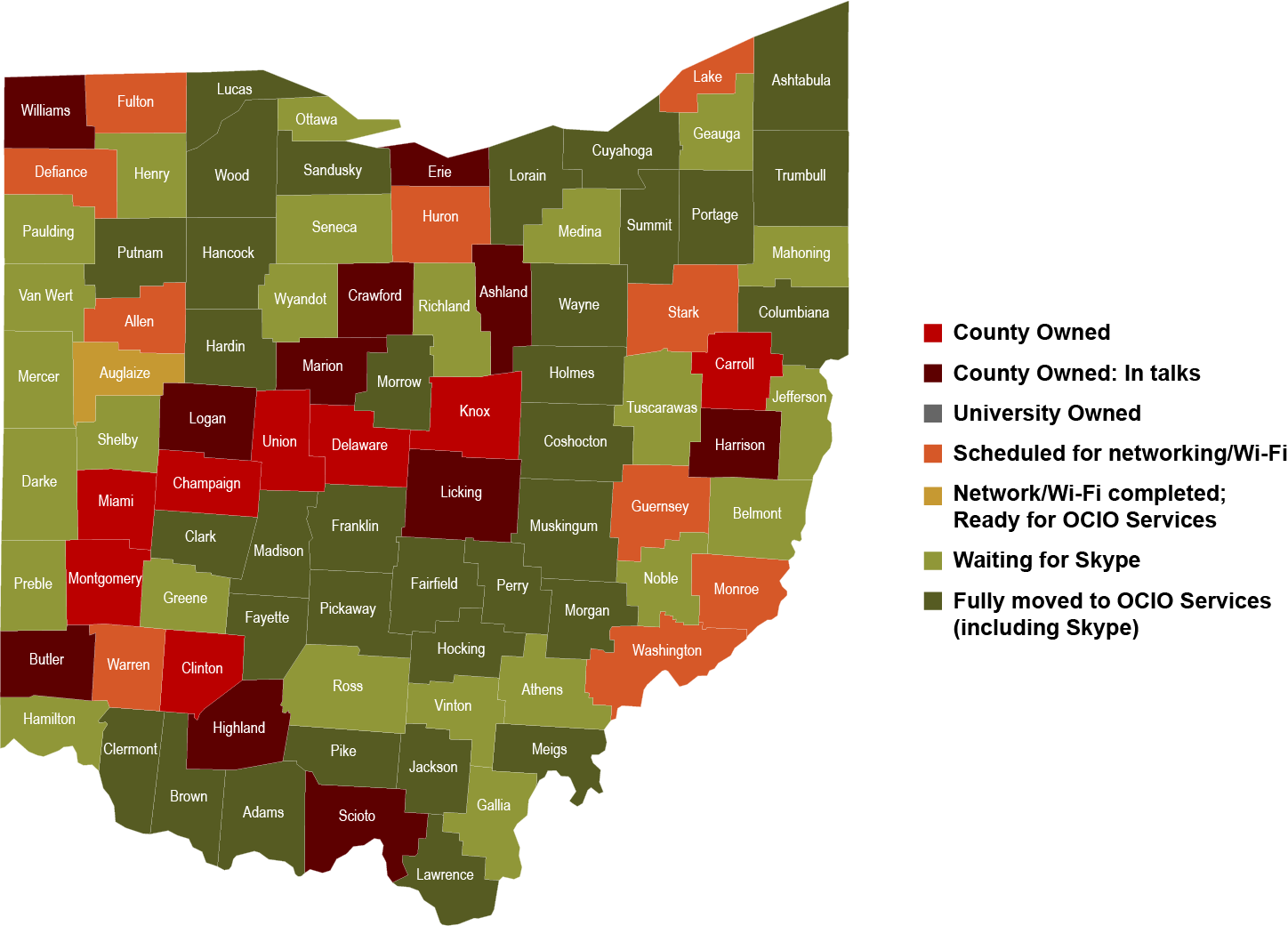 Map of Ohio showing project status in each county.