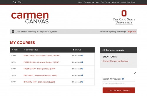 Screenshot of the logged in view with a list of courses on the CarmenCanvas website
