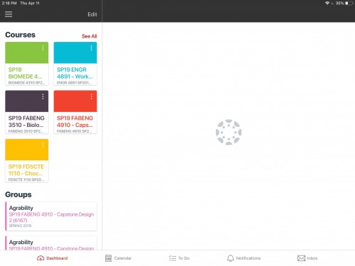 Screenshot of logged in view of the Canvas app