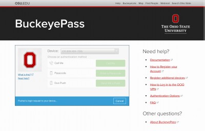 Screenshot of authentication screen on the BuckeyePass website