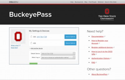 Screenshot of My Settings and Devices options on the BuckeyePass website