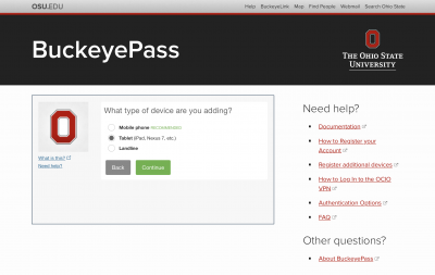 Screenshot of What type of device are you adding? options on the BuckeyePass website