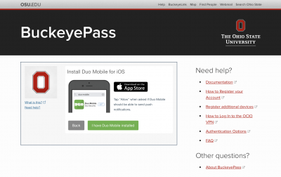 Screenshot of Install Duo Mobile for iOS options on the BuckeyePass website