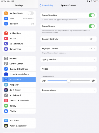 Screenshot of Spoken Content settings under iPad settings 