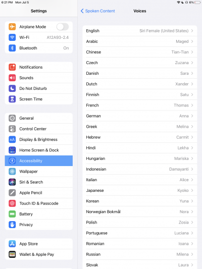 Screenshot of Voices settings under iPad settings 
