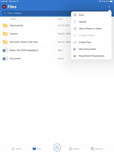 Screen view of OneDrive app with the + menu expanded