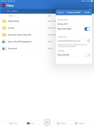 Screen view of OneDrive with the + menu expanded