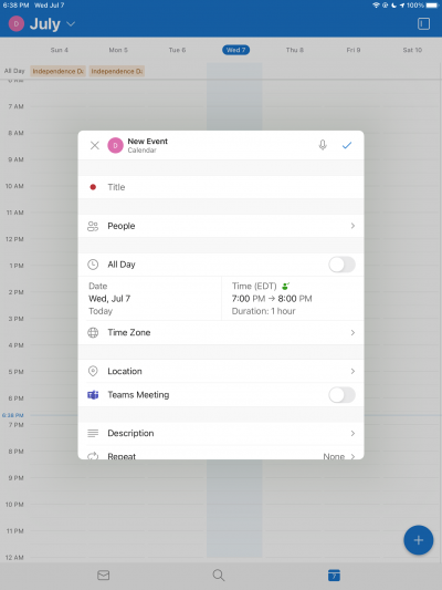 Screenshot of a New Event entry on calendar of Outlook on iPad