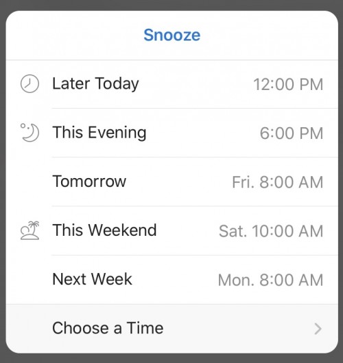Screenshot of Snooze email options in Outlook on iPad