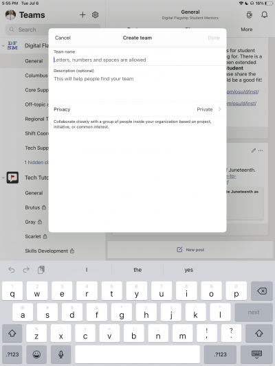 Screenshot of Create team options in Teams on iPad