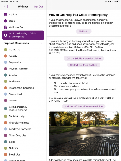 Screenshot of I’m Experiencing a Crisis or Emergency tab in Wellness app on iPad