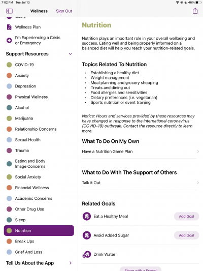 Screenshot of Nutrition tab in Wellness app on iPad