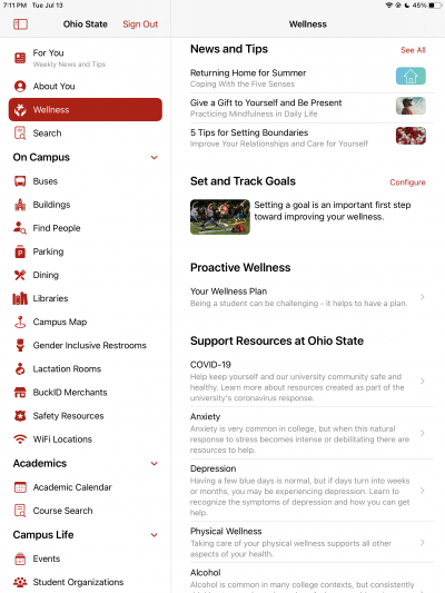 Screenshot of Wellness tab in Ohio State app on iPad