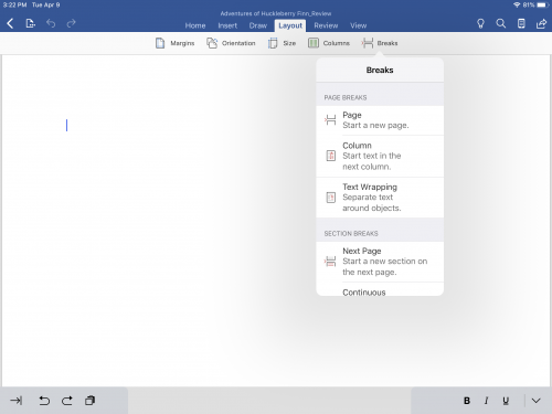 Page break options in Microsoft Word on iPad