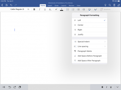 Paragraph formatting options in Microsoft Word on iPad