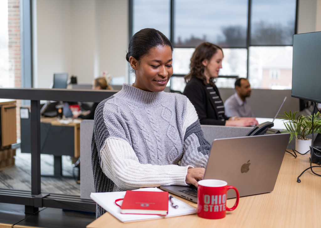 Person at office desk working on laptop
