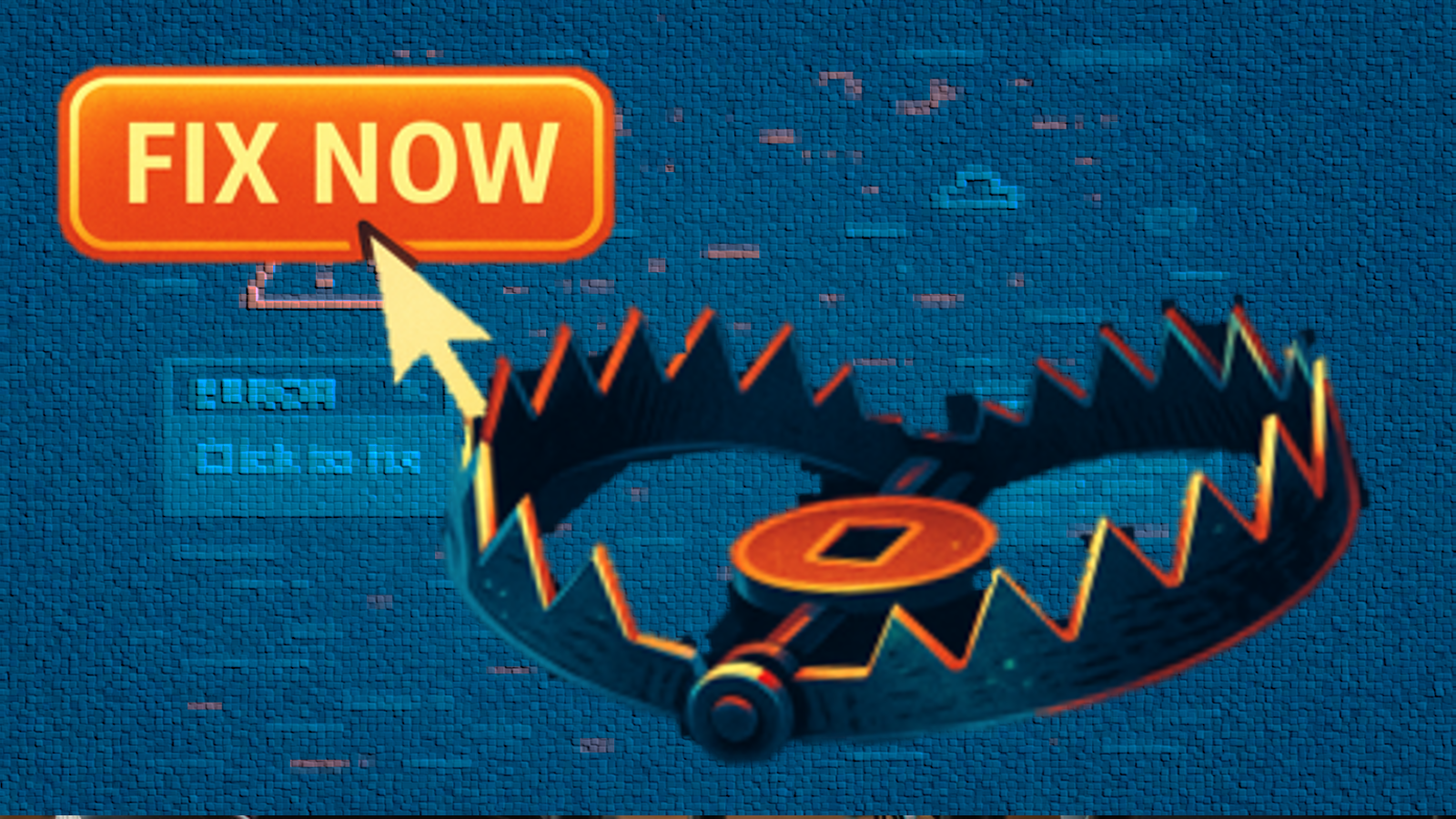 A bear trap with the words 'fix now' above it.