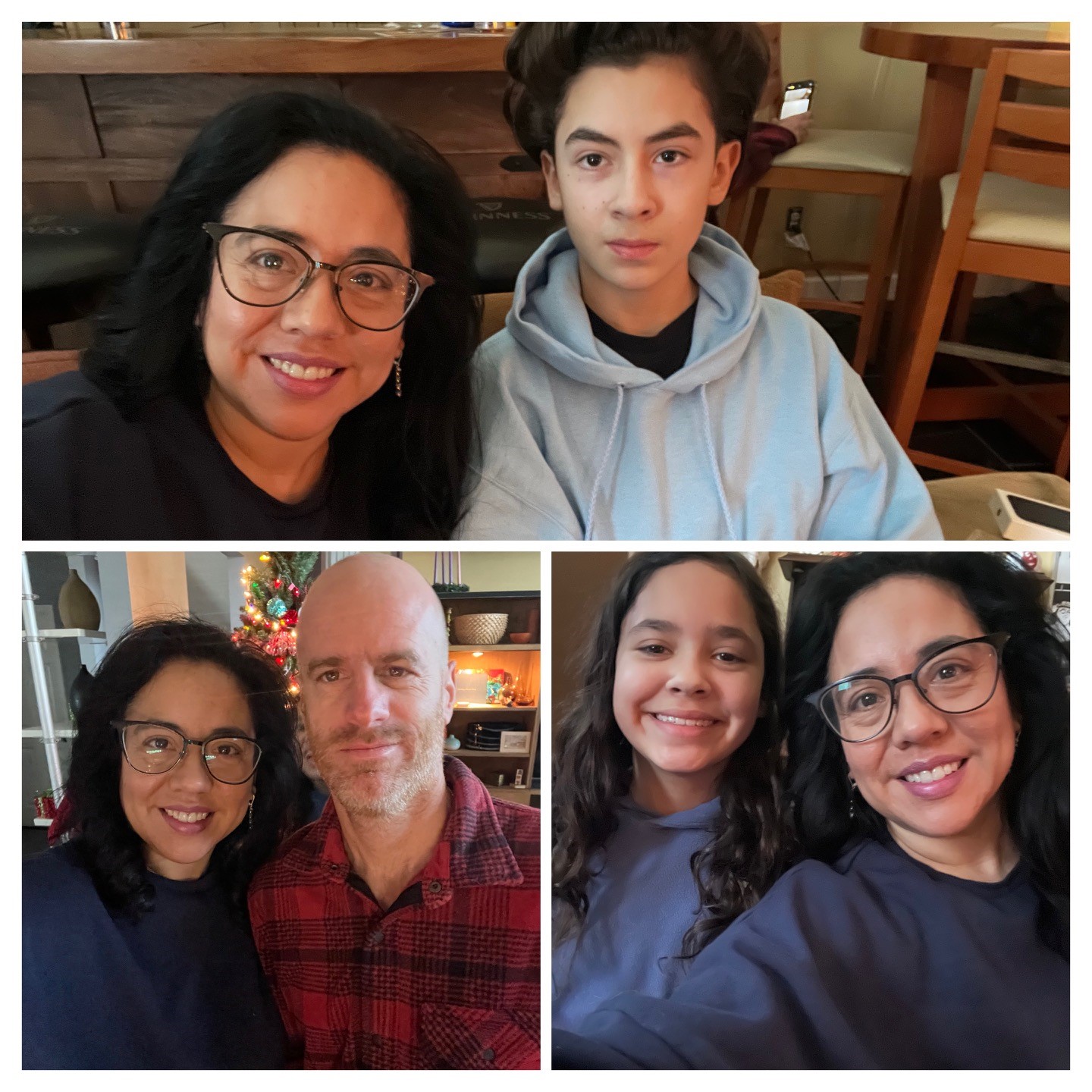 The image is cropped into three frames. The top frame features Jane smiling with her son. The bottom left shows Jane smiling with her husband. The bottom right shows Jane smiling with her daughter.