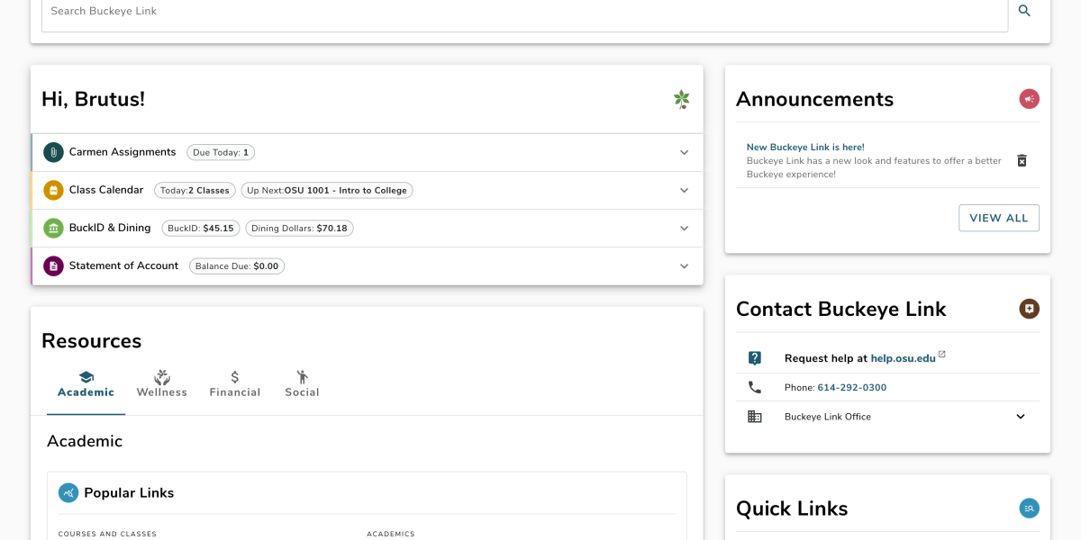 The new dashboard for Buckeye Link, showing assignments, grades and more personalized information.