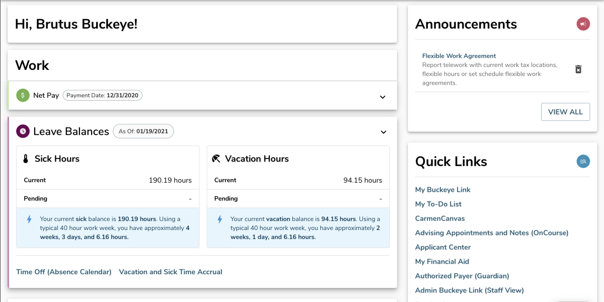 The dashboard for Buckeye Link, displaying leave balances for sick time and vacation time.
