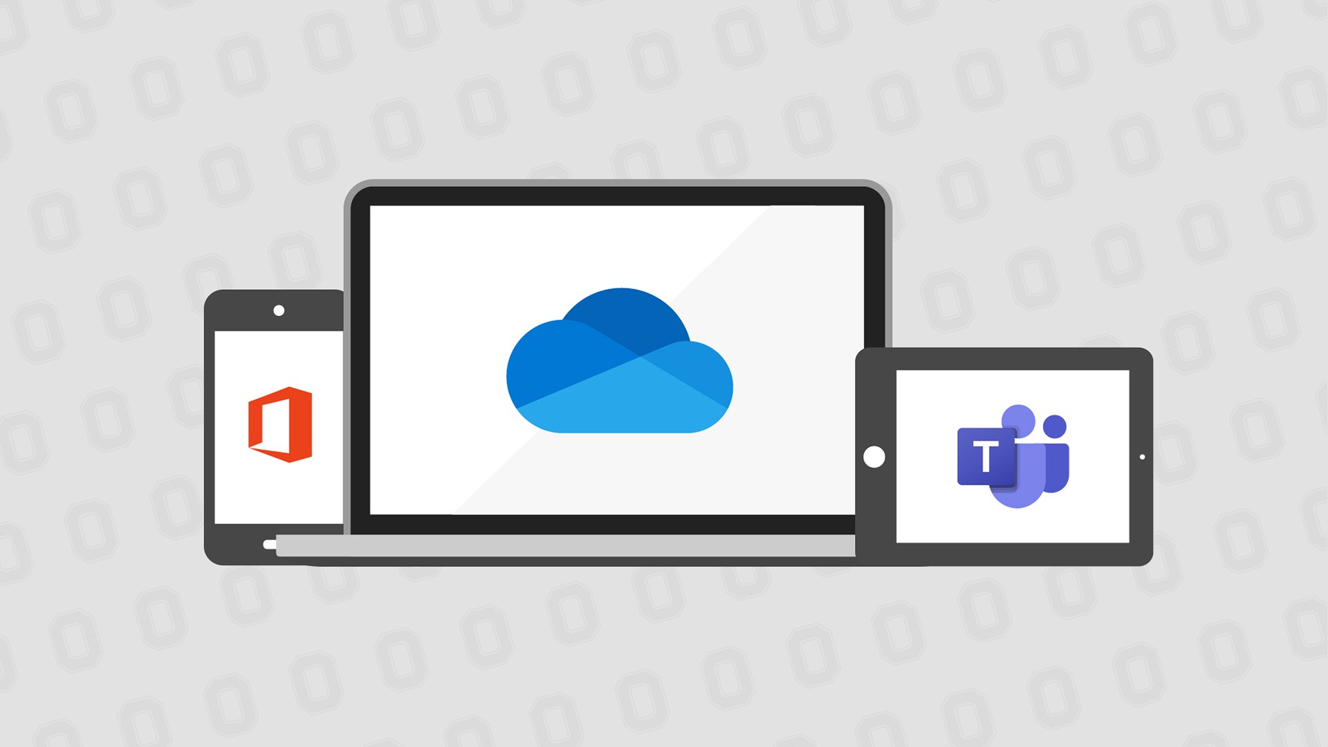 OneDrive, Teams and Microsoft 365 icons on a laptop, tablet and phone