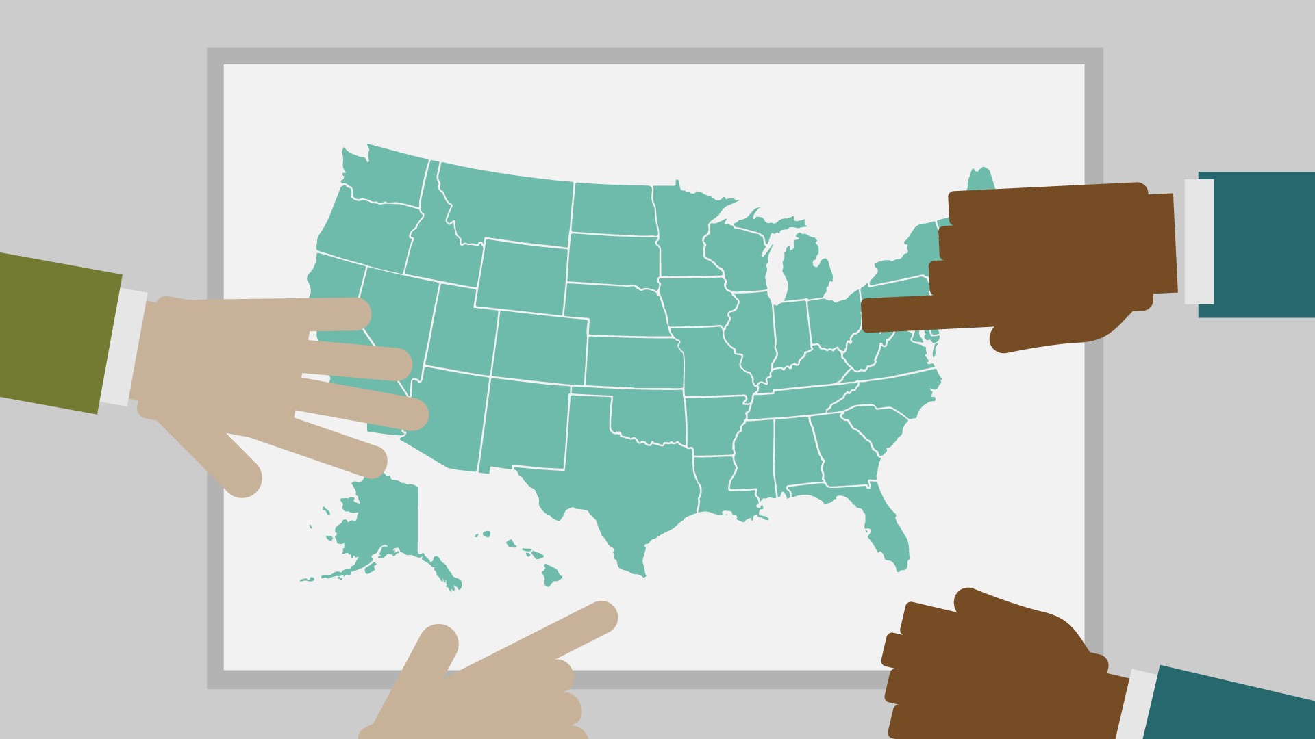 Hands pointing to a map of the United States