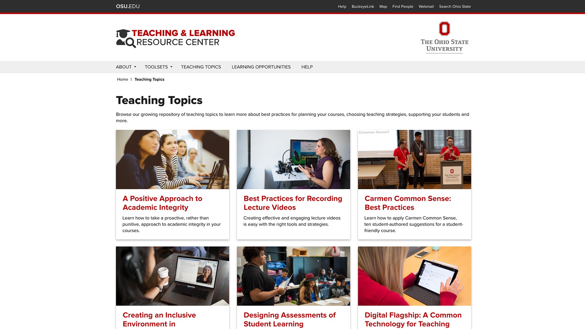Teaching Topics page of the Teaching and Learning Resource Center