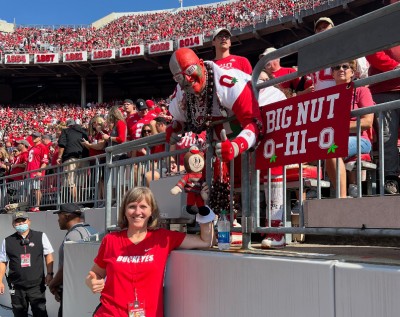 Cindy Leavitt with Buckeye Nut at Ohio State Football game