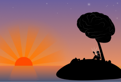 Person reading under a tree that resembles the shape of a human brain, with sunset in the background