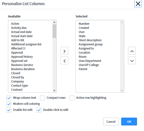Personal list columns window to control which columns appear