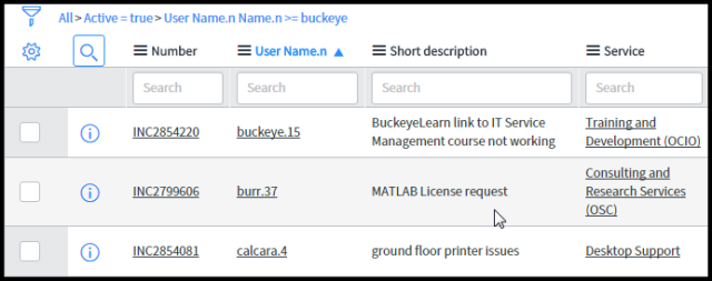 screen shot of results and how to search by column