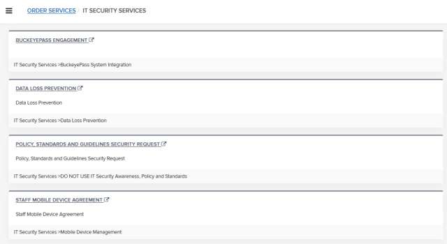 Screenshot of the request items within the IT security services category