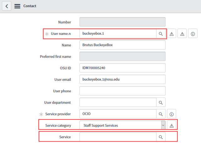 Create new contact form with name and service category completed
