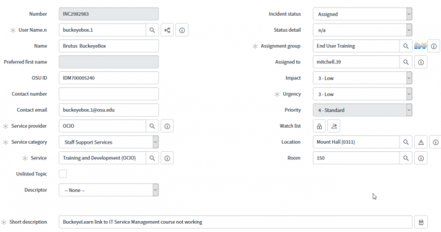 Example of an Incident form when opened