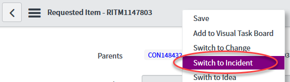 Switch to Incident menu