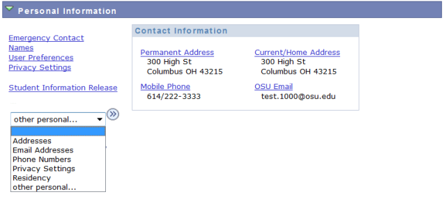 My Buckeye Link Personal Information Section