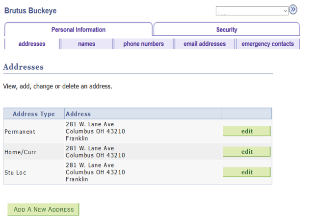 Addresses page. This page can be used to view, add, change or delete an address