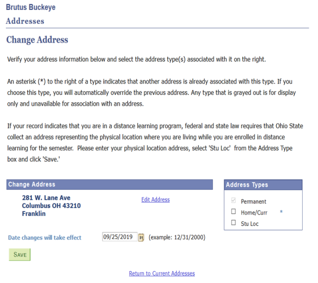 My Buckeye Link Change Addresses page