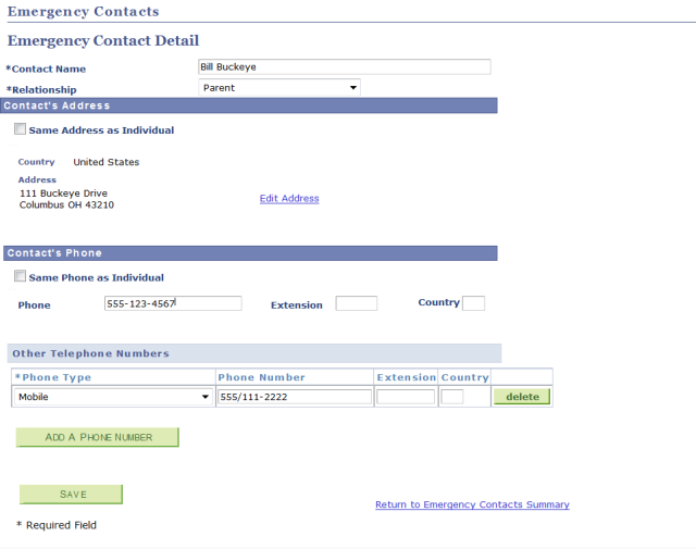 My Buckeye Link Emergency contact detail page