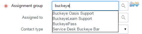 Assignment group field with drop open menu
