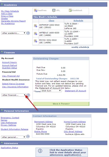 Landing page.Landing page for My Buckeyelink. This page features Academics, Fiances , Personal Information, Holds, To Do List Enrollment Information  and Advisor sections.. 