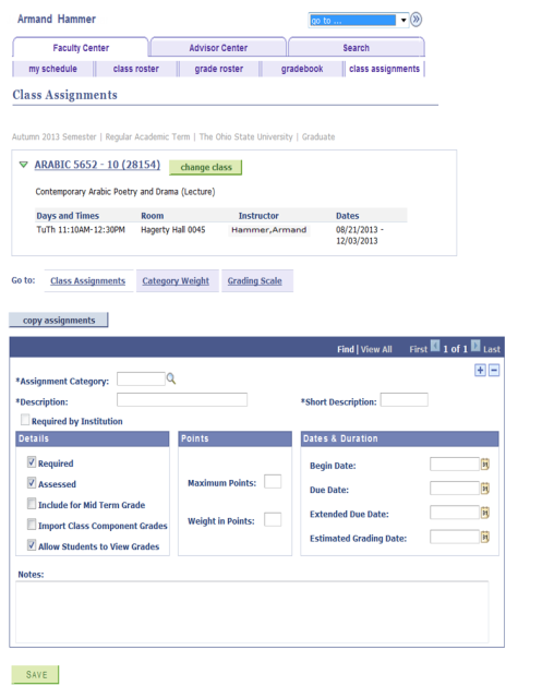 Faculty Center Class Assignments page