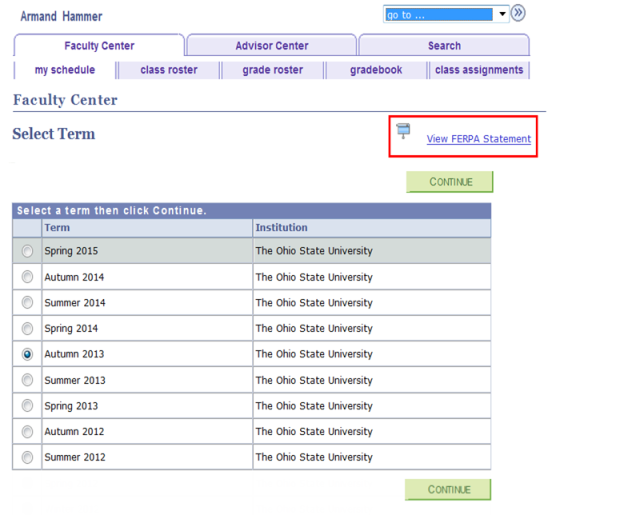Faculty Center Select Term page  illustrating FERPA link