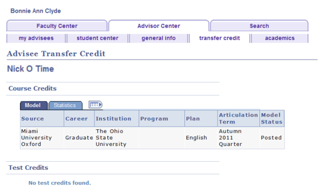 Faculty Center Advisee Transfer Credit Report