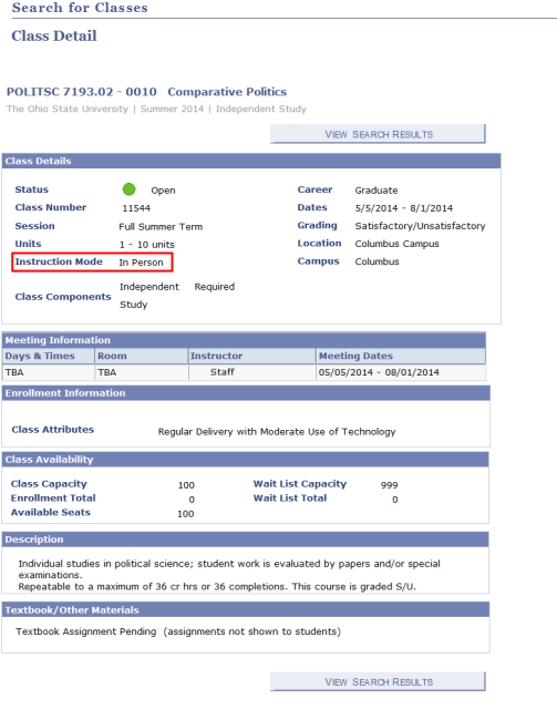 Faculty Center Search for Classes Class Detial page