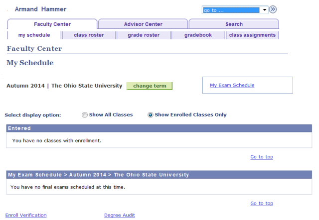My Schedule page displaying Classes with no enrollment