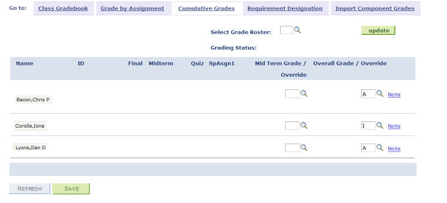Faculty Center Gradebook page with Cumulative Grades tab selected
