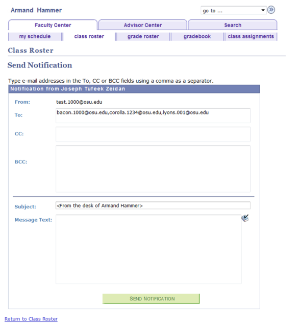 Faculty Center Class Roster Send Notification page